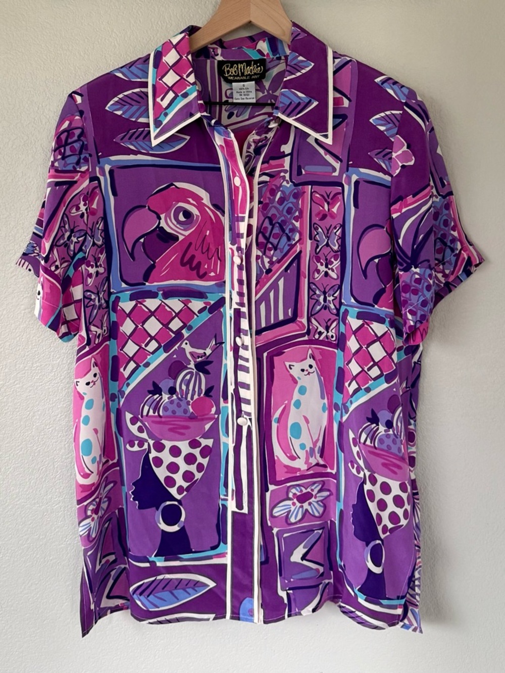 BOB MACKIE S Silk Wearable Pop Art Animal Button Down Shirt Cat Fish Bird Blouse - Picture 6 of 11